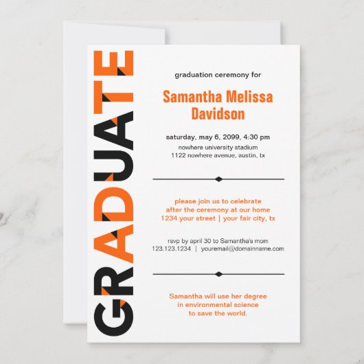 Invitation Orange Big Bold Angle-Cut Lettres Graduation (Dos)