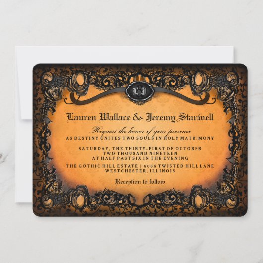 Invitation Orange Black Elegant Dentelle Halloween Mariage In (Devant)