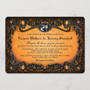 Invitation Orange Black Halloween Skeletons RÉCEPTION INFO