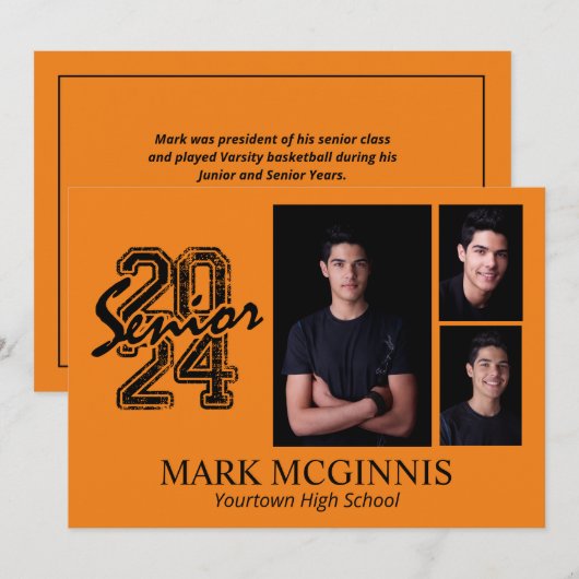 Invitation Orange Black High School Classe 2024 (Devant / Derrière)