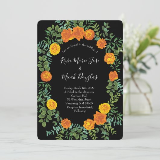 Invitation Orange Black Peony Rose Floral Mariage (Debout devant)