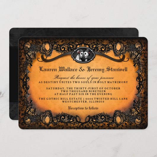Invitation Orange Black Skeletons Halloween Mariage RÉCEPTION (Devant / Derrière)