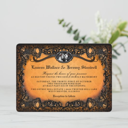 Invitation Orange Black Skeletons Halloween Mariage RÉCEPTION (Debout devant)