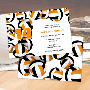 Invitation orange black volleball filles garçons fête d'anniv