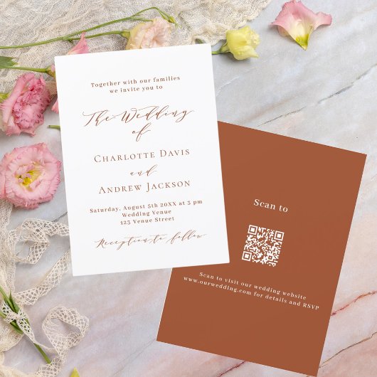 Invitation Orangé blanc code QR code RSVP mariage