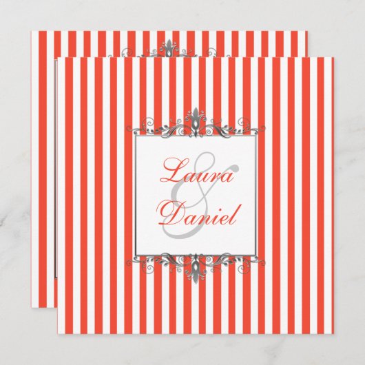 Invitation Orange, Blanc, Gris Argent Stripes Scrolls Invitat (Devant / Derrière)