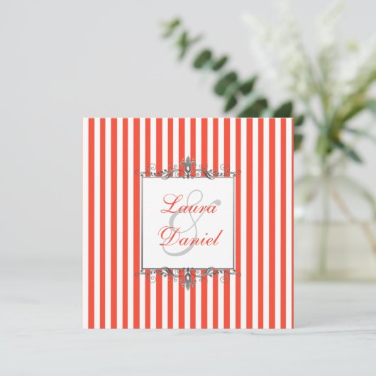 Invitation Orange, Blanc, Gris Argent Stripes Scrolls Invitat (Debout devant)