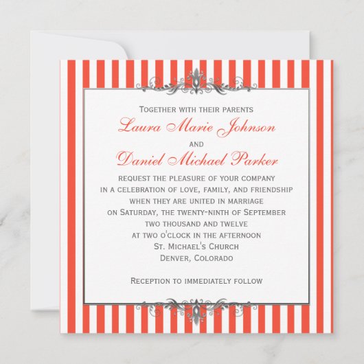 Invitation Orange, Blanc, Gris Argent Stripes Scrolls Invitat (Dos)