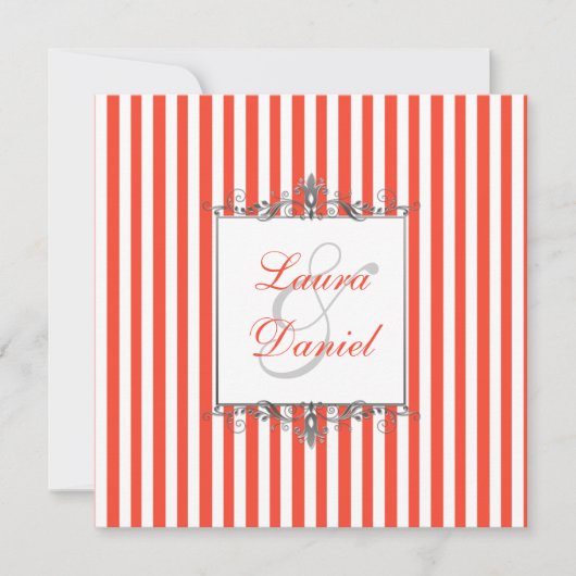 Invitation Orange, Blanc, Gris Argent Stripes Scrolls Invitat (Devant)
