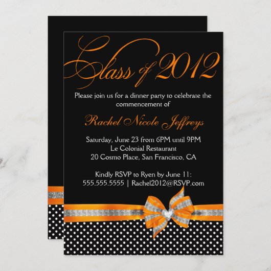 Invitation orange blanche noire d'obtention du (Devant / Derrière)