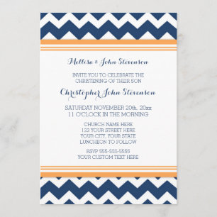 Invitation orange bleue de baptême de Chevron