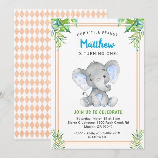 Invitation Orange Blue Boy Elephant Anniversaire Little Gentl (Devant / Derrière)