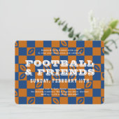 Invitation Orange Blue Checkerboard Football Game Watch Party (Debout devant)