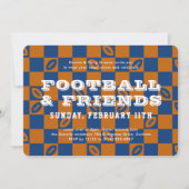 Invitation Orange Blue Checkerboard Football Game Watch Party (Devant)