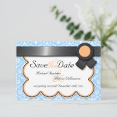 Invitation Orange & Blue Damask Enregistrer la date Annonces (Debout devant)