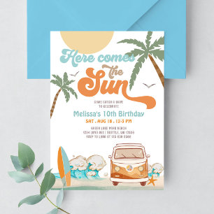 Invitation Orange Blue Here Comes the Sun Garçon Fête d'anniv