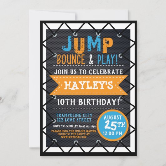 Invitation Orange & Blue Jump & Play Trampoline Park Bounce (Devant)