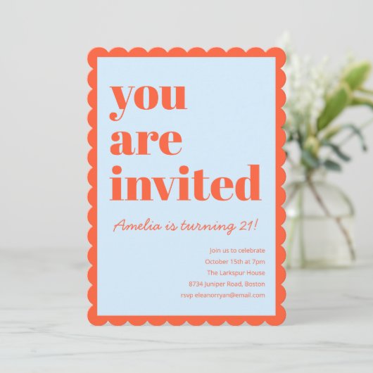 Invitation Orange Blue Modern 21st Scalloped Birthday Party (Debout devant)