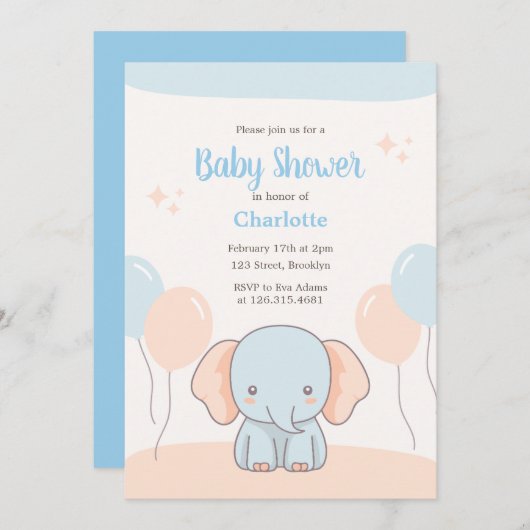 Invitation Orange Blue Pastel Simple Elephant Baby shower (Devant / Derrière)