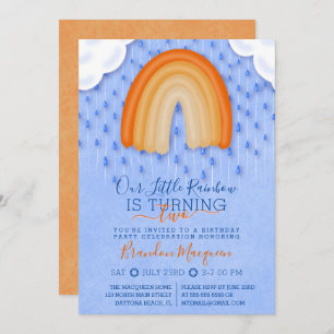Invitation Orange Blue Rainbow Pluie Nuages Ballons Anniversa