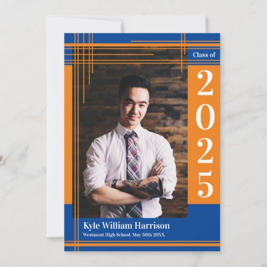 Invitation Orange Blue School Couleur Graduation Photo Plaid (Devant)