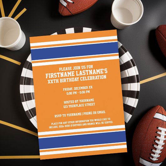 Invitation Orange Blue Sports Jersey fête d'anniversaire