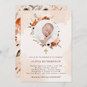 Invitation Orange Boho   Aquarelle Baptême BLANC Photo
