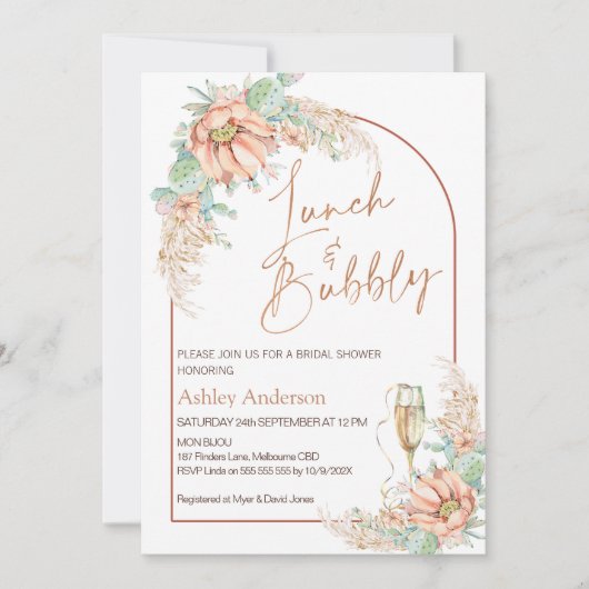 Invitation Orange Boho Cactus Déjeuner et Fête des mariées Bu (Devant)