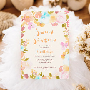 Invitation Orange boho script d'aquarelle florale Sweet 16