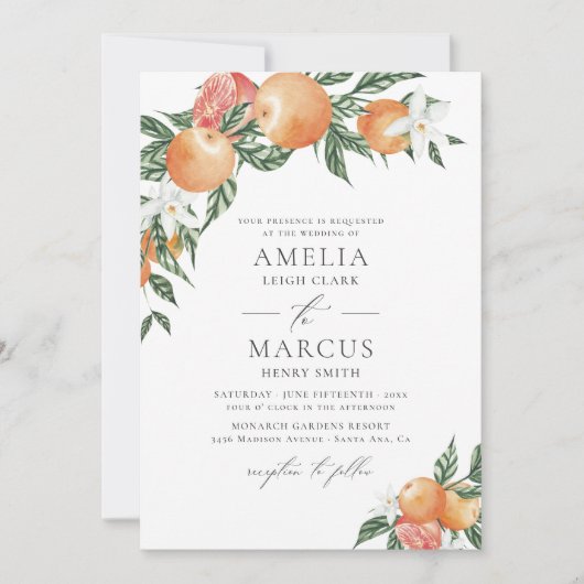 Invitation Orange Botanique Citrus Mariage moderne (Devant)