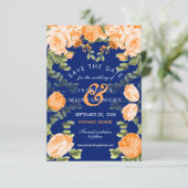 Invitation Orange botanique et bleu marine Floral (Debout devant)