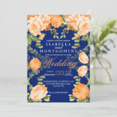 Invitation Orange botanique et Mariage floral bleu marine (Debout devant)