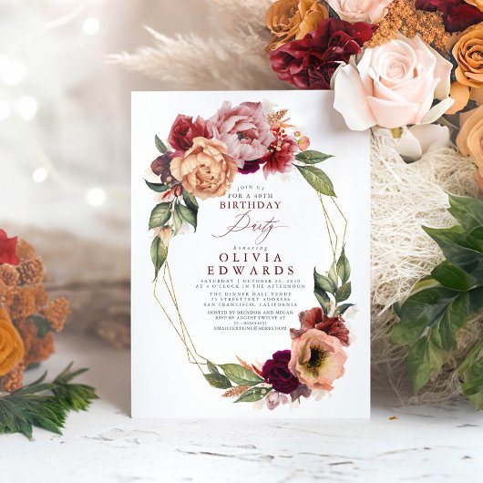 Invitation Orange Bourgogne Rouge Floral Automne fête d'anniv