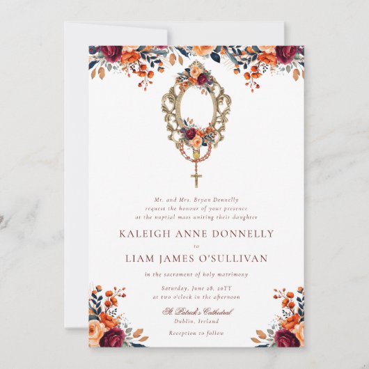 Invitation Orange Bourgogne Rustique Floral Mariage catholiqu (Devant)