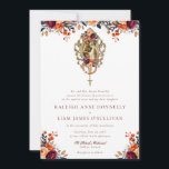 Invitation Orange Bourgogne Rustique Floral Mariage catholiqu<br><div class="desc">Cette élégante faire-part de mariage catholique tout-en-un avec RSVP séduira les mariées et mariées qui aiment un look traditionnel, vintage, rustique. Il présente des fleurs d'aquarelle en orange brûlée et bordeaux et une peinture du mariage de Saint-Joseph et de la Vierge Marie entourée d'un cadre doré orné et de perles...</div>