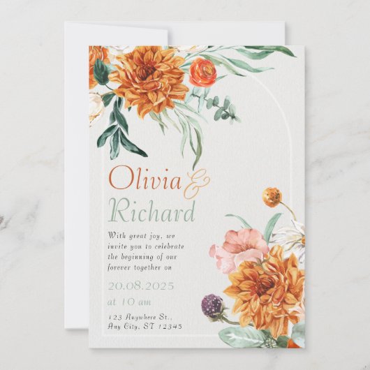 Invitation Orange Bright Boho Automne Mariage Floral (Devant)