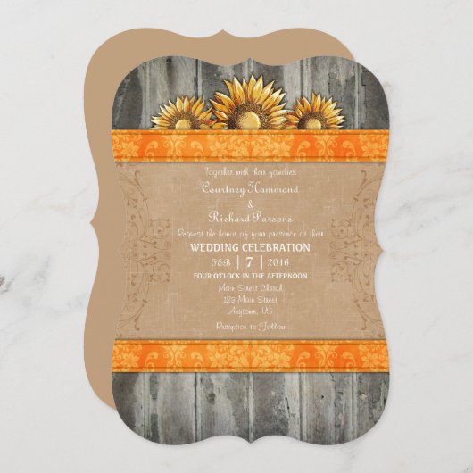 Invitation Orange Brown Rustique Mariage de tournesol Invitat (Devant / Derrière)