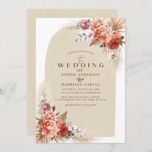 Invitation Orange Brûlé Élégant Et Pampas Mariage Grass (Devant / Derrière)