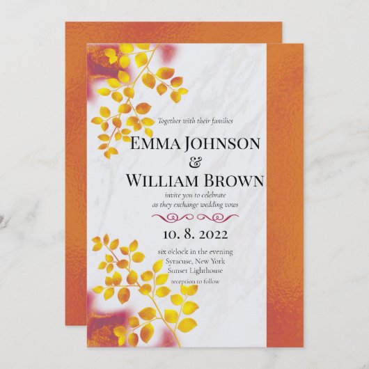 Invitation Orange brûlé et Mariage Bourgogne (Devant / Derrière)