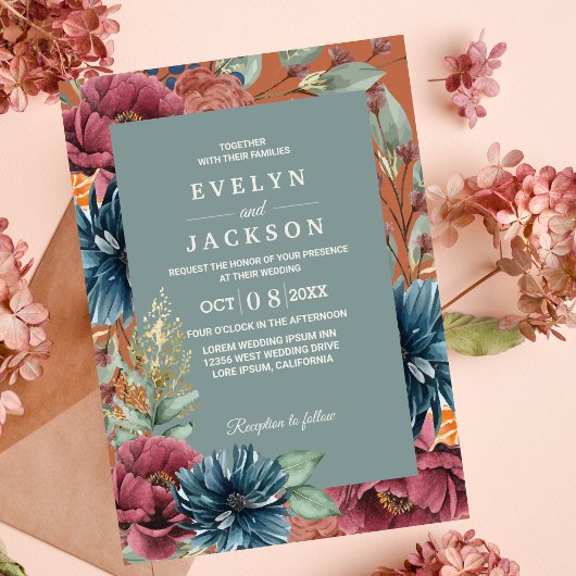 Invitation orange brûlé et sauge Mariage rustique moderne