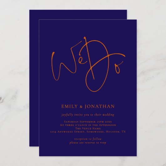 Invitation Orange brûlé et script de marine Nous faisons QR C (Devant / Derrière)