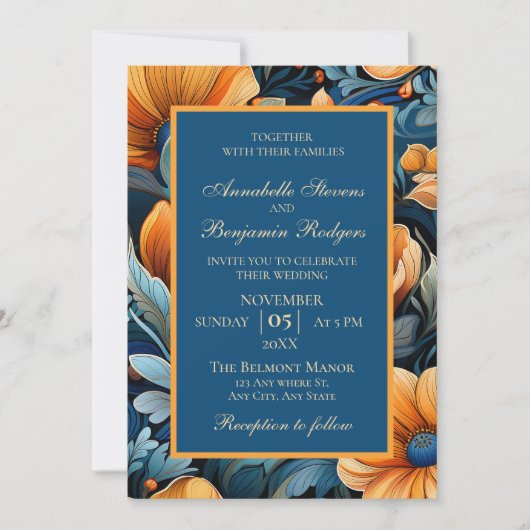 Invitation Orange brûlé moderne et Floral bleu (Devant)