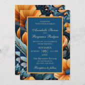 Invitation Orange brûlé moderne et Floral bleu (Devant / Derrière)