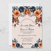 Invitation Orange brûlé rustique et Mariage floral bleu (Devant)