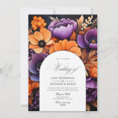 Invitation Orange brûlé, violet foncé et Mariage floral noir (Devant)