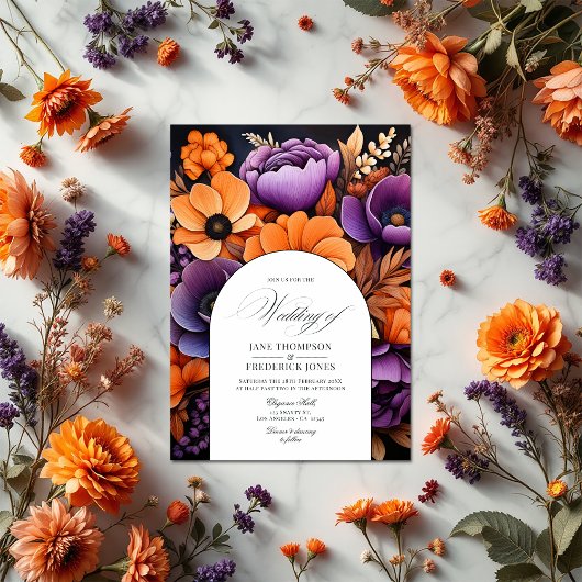 Invitation Orange brûlé, violet foncé et Mariage floral noir