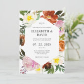 Invitation Orange brûlée, rose vif et Mariage floral blanc (Debout devant)