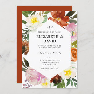 Invitation Orange brûlée, rose vif et Mariage floral blanc
