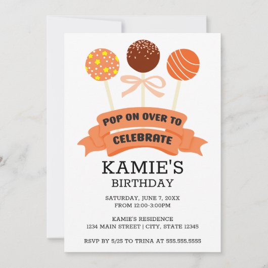 Invitation Orange Cake Pops fête d'anniversaire (Devant)