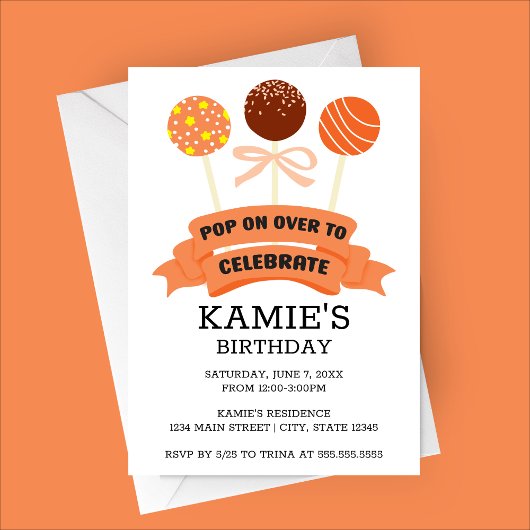 Invitation Orange Cake Pops fête d'anniversaire